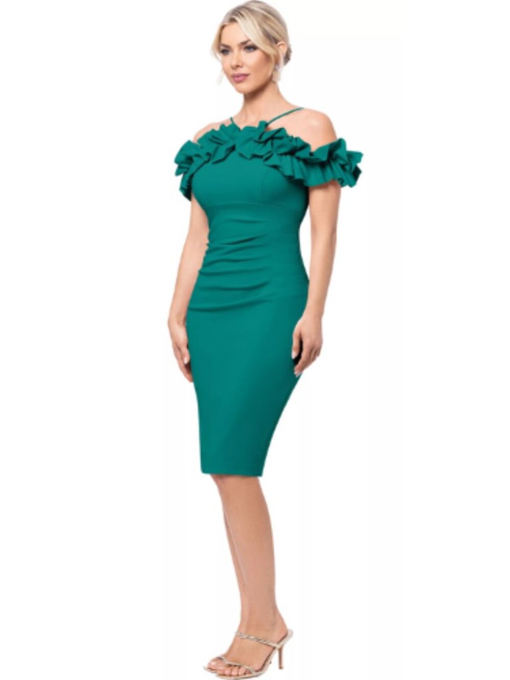 Xscape Green Ruffle Halter Neck Formal Evening Dress Size 8P